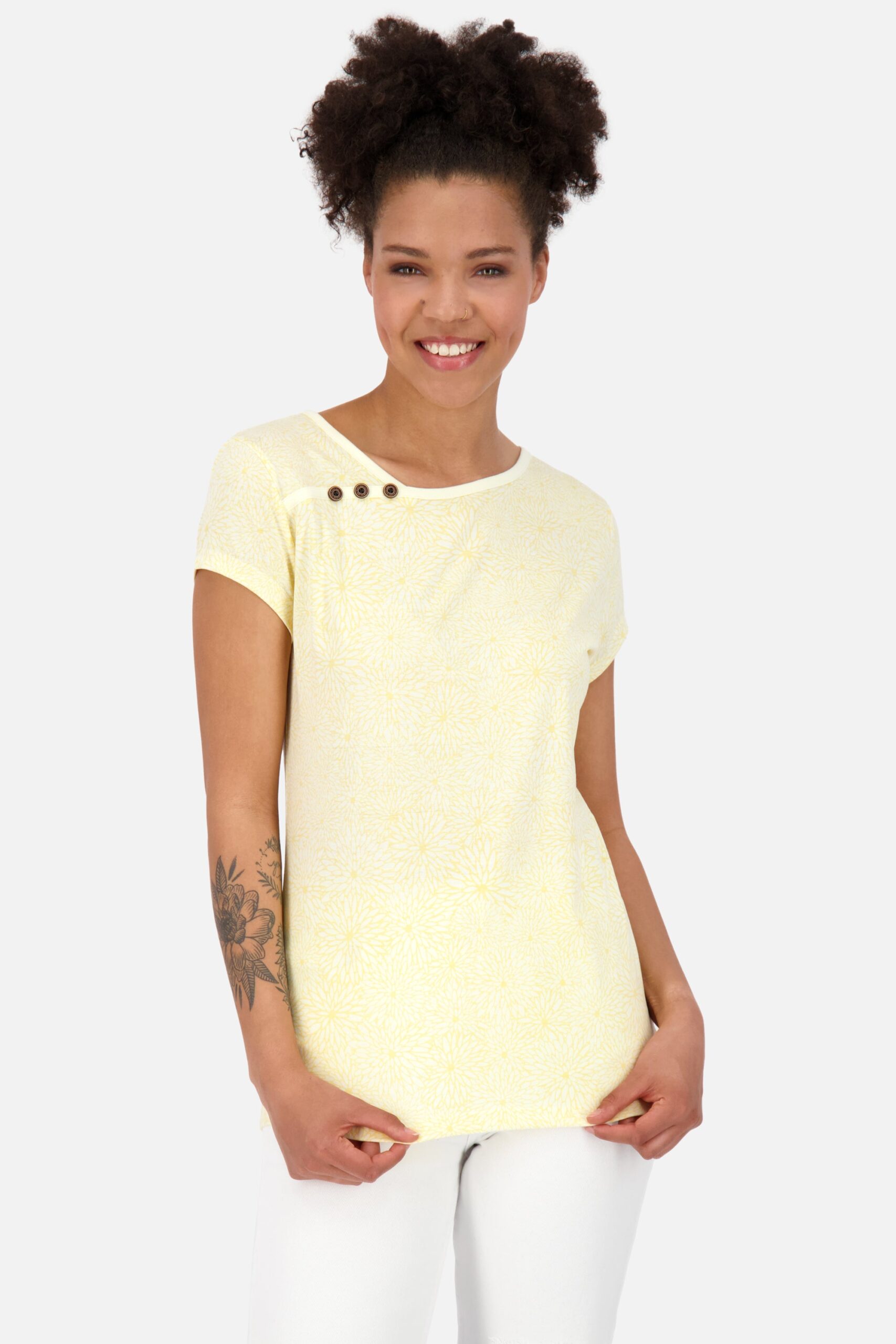 Damen Freizeitshirt JuliaAK B: Angeschnittene Ärmel und lebendige Musterung Gelb