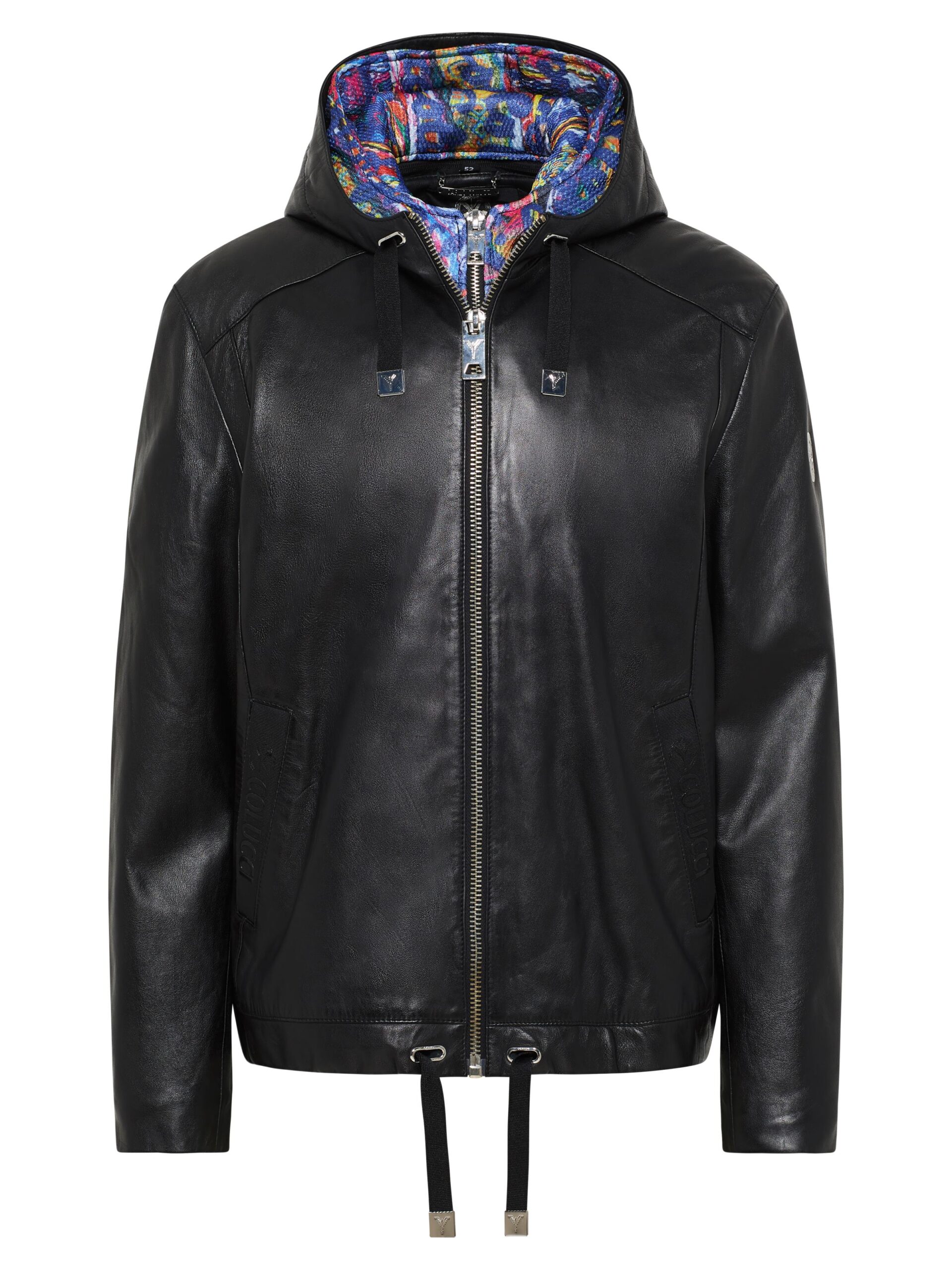 Lederjacke mit bunter Kapuze